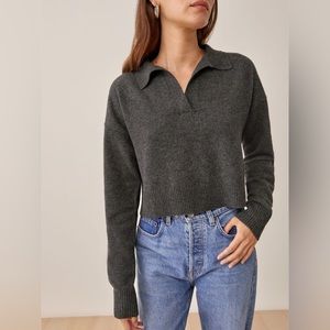 NWT Reformation Jeans 100% Cashmere Polo Sweater, Charcoal Gray, Size L